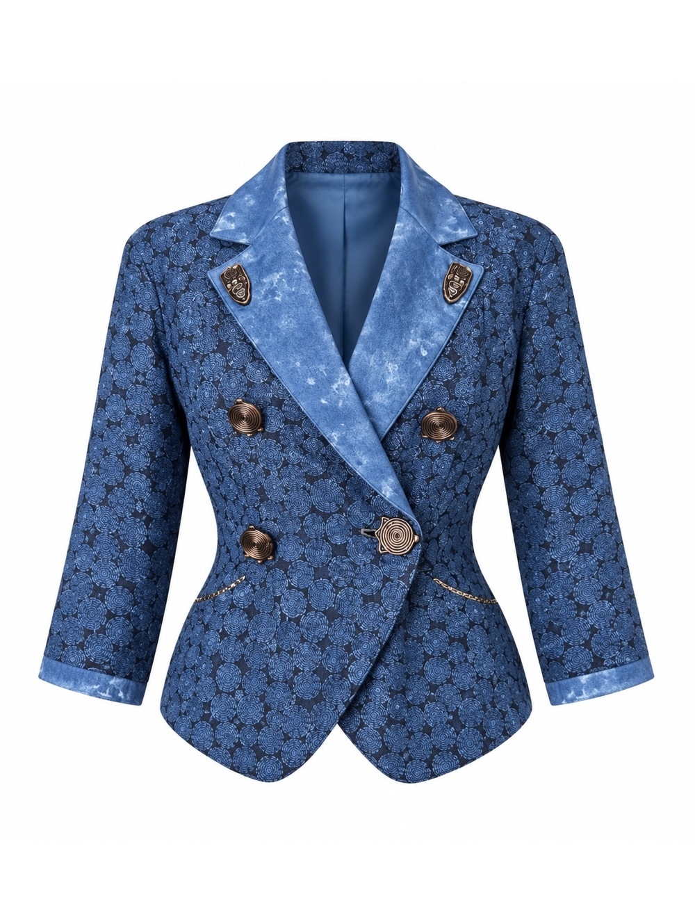 Platinum Vintage Blue Floral Brocade Double-Breasted Blazer